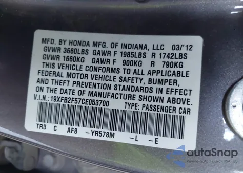 2012 Honda Civic Lx from USA, damaged, VIN 19XFB2F57CE053700